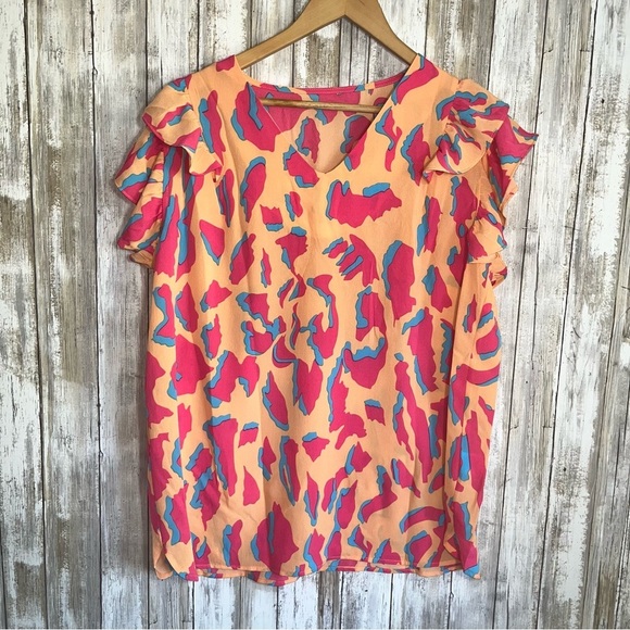 JODIFL Tops - Jodifl Orange Abstract Ruffle Sleeve Neon Blouse